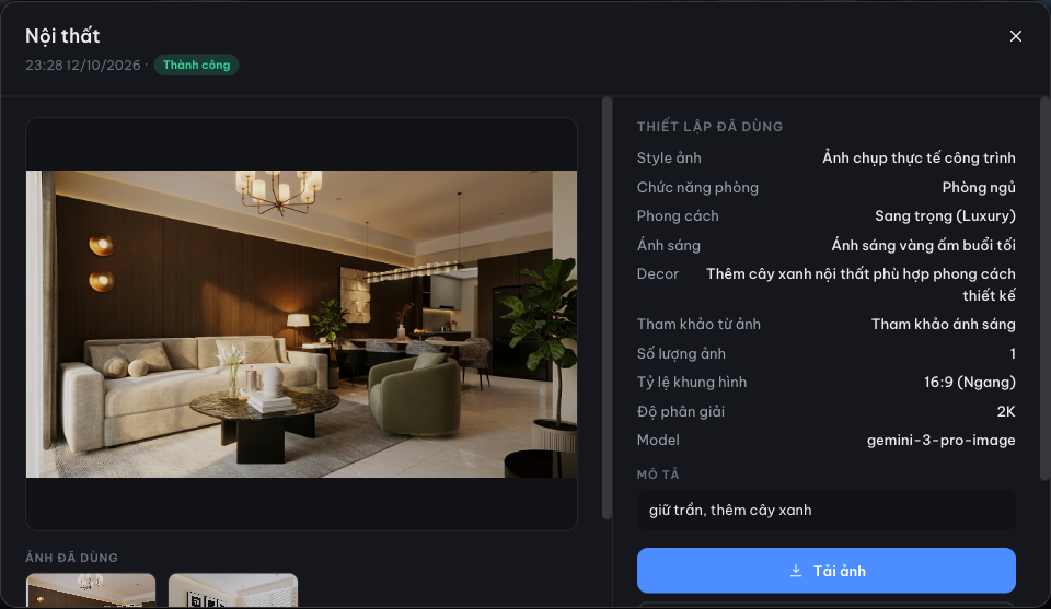 Cửa sổ chi tiết một lần render kèm toàn bộ thiết lập đã dùng